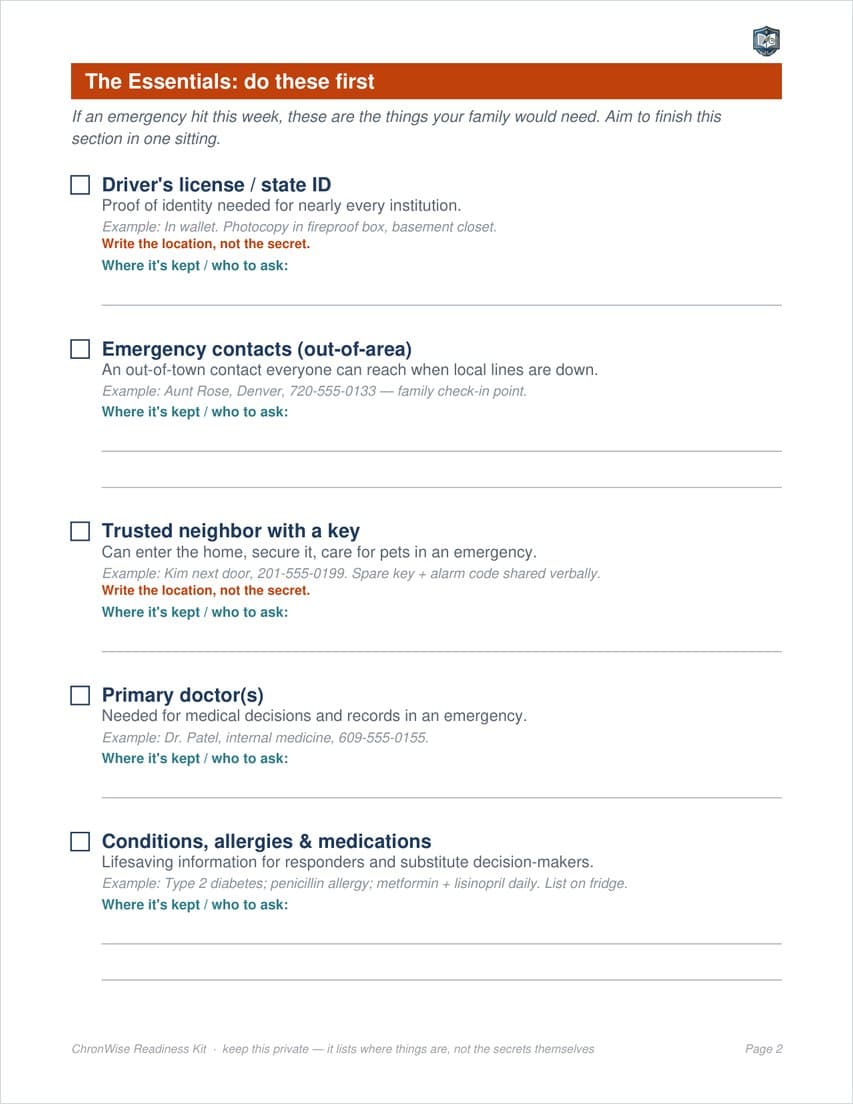 ChronWise Essentials page — the checklist of things a family needs first in a crisis